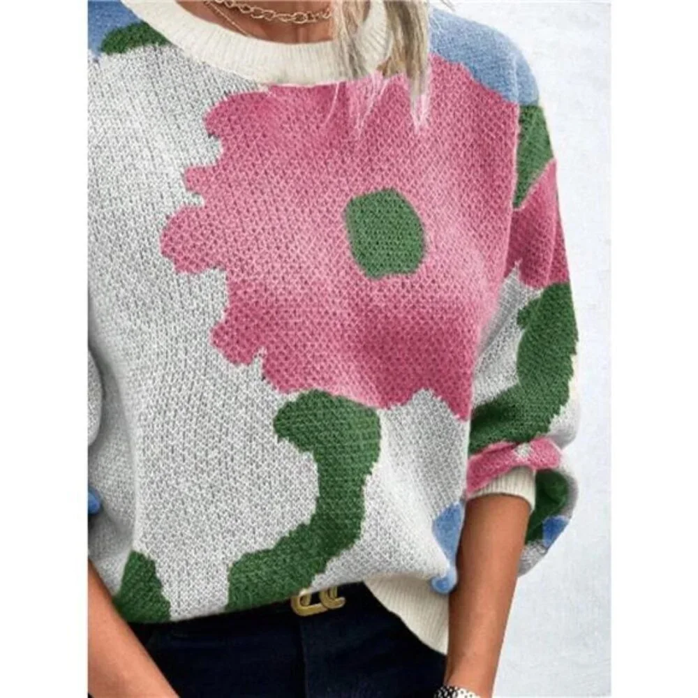 Floral Pattern Round Neck Sweater - Picture 8 of 16